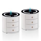 TUKAILAI Nachttisch 2er Set, Intelligenter Nachttisch mit ladefunktion, LED-Licht einstellbar,Modern Nightstand mit 3 Schubladen für Schlafzimmer,Beistelltisch Rund Weiß 46 * 46 * 46 cm