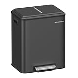 SONGMICS Mülleimer Küche, Mülltrennsystem 2 x 15 L, 2 Fächer für Recycling und Restmüll, Abfalleimer, Inneneimer, Stahl, Softclose-Deckel, breites robustes Pedal, tintenschwarz LTB544B02