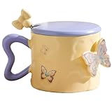 Keramiktasse mit lebendigen Schmetterlingen – schöne Tasse mit Deckel und Henkel | Elegante Teetasse und Löffel 350 ml für Frauen, Mütter, Freundinnen | einzigartiges Geschenk zum Muttertag