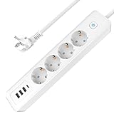Steckdosenleiste mit USB C 4 Fach Mehrfachsteckdose mit Schalter, Mehrfachstecker Steckerleiste Überspannungsschutz Wandmontage 3680W 16A Verlängerungskabel 1.8M Verteilersteckdose für Heim Weiß
