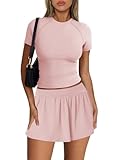 Loovoo 2-teiliges Rock-Outfit für Damen, Workout-Shirts, Basic-Tops, Tennis-Shorts, Röcke, plissiert, mit Taschen, Helles Pink, Small