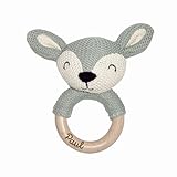 Beißring Greifling Rassel Holz und Strick mit Lasergravur und Name, Handmade Babyspielzeug, Babygeschenk zur Geburt für Neugeborene Babys, Reh in Grün