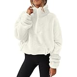Lässige Damenbluse, modisch, einfarbig, Stehkragen, langärmelig, übergroß, halber Reißverschluss, Fleece, Sweatshirt, Sale, Herbst, Winter, weiches Fleece, warm, Pullover mit Tasche, weiß, M