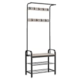 VASAGLE Garderobenständer, Garderobe, mit Schuhbank, 4-in-1 Design, 9 abnehmbare Haken, Kleiderstange, Eingangsbereich, Flur, 33,7 x 72 x 183 cm, Industrie-Design, Greige-schwarz HSR40MB