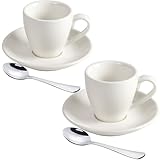ionEgg Espressotasse aus Porzellan mit Untertasse und Mini-Löffeln aus Edelstahl, Espresso-Schnapsbecher, 80 ml, 2 Stück, Weiß