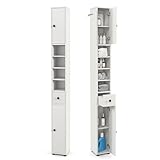 COSTWAY Badschrank schmal, Badezimmerschrank mit 2 Türen, 1 Schublade & verstellbaren Regalen, Bad Hochschrank, Badregal platzsparend für Badezimmer, Wohnzimmer, 20 x 20 x 180 cm, Weiß