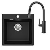 CECIPA Granitspüle Schwarz 45x45 cm mit Ausziehbarer Küchenarmatur, Rechteckige Einbauspüle Set mit 2 Hahnlöchern, Spülbecken Komplettset für Moderne & Stilvolle Küchen