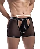 comeondear Sexy Boxershorts für Männer Latex Slip Herren Große Größen Retroshorts Transparent Mesh Kunstleder Erotische Unterwäsche Ouvert Wetlook Unterhosen mit Knöpfe Dessous Reizwäsche(Schwarz,M)