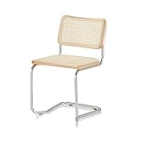 KHG Schwingstuhl Freischwinger chrom - Rückenlehne und Sitzfläche aus Massivholz Buche und Rattan - Esszimmerstuhl, Küchenstuhl Design Stuhl mit Wiener Geflecht