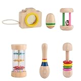 6pcs Holzspielzeug Rassel - Farbenfrohes Musikspielzeug, Baby Sensorik Spielzeug, Montessori Baby Rassel, Regenmacher für Kinder, Farbiges, Bissfestes Holzspielzeug