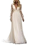 Frauen Boho Spitze Brautkleider für Braut Langarm V-Ausschnitt A-Linie Hochzeitskleider mit Zug,Elfenbein 13,DE48