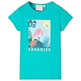 Kinder T-Shirt Minzgrün, Größe 128, Kurzarmshirt aus 95% Baumwolle für Jungen und Mädchen, bequemes Sommer Oberteil mit Pailletten Flamingo Design