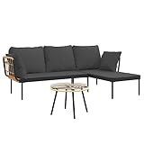 vidaXL Garten Lounge Set 3-TLG., Gartenmöbel Set mit Dunkelgrauen Kissen, Sitzgruppe für Garten Terrasse, Loungemöbel Sofa L-Form, Poly Rattan