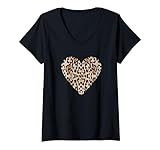 Coole Herz Trendy Leopard Print Kleidung T-Shirt mit V-Ausschnitt