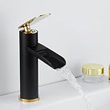 Wasserhahn Bad Wasserfall Schwarz+Gold Bad Armatur Waschbecken Waschtischarmaturen Wasserfall mit Kaltes & Heißes Wasser Mischbatterie Einhebelgriff