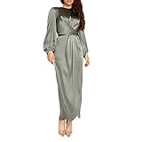 Shoudian Tangboots Damen Einfarbig Langarm Rundhals Satin Maxikleid Muslim Arabisch Dubai Modern Elegant Bright Slim Kleid Gr. X-Large, armee-grün