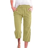 PYOJKO Sommerhose Damen Baumwolle Leinen Jogginghose 3/4 Leinenhose Sommer Freizeithose Shorts Einfarbig Hose Baggy Kordelzug Taille Yogahose Lockere Trainingshose mit Seitentaschen Sweathose
