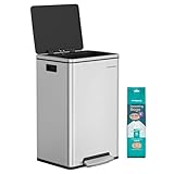 SONGMICS Mülleimer 50 L, 15 Müllsäcke, Edelstahl, herausnehmbarer Inneneimer aus Kunststoff, mit Deckel, Griffe, Softclose, silbern LTB595E01