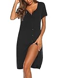 Ekouaer Nachthemd Damen Kurzarm Schlafshirt Sommer Sleepshirt Kurz Nachtwäsche Knopfleiste Schwarz M
