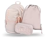 Baagl Schulrucksack Set Jungen Mädchen 3 Teilig, Schultasche für Grundschule Volksschule, Grundschule Ranzen mit Brustgurt, Ergonomischer Schulranzen (Sand)
