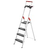 Hailo L100 Topline Alu-Sicherheits-Stehleiter - 4 XXL-Stufen bis 150 kg - Stehleiter mit ausziehbarem Haltebügel, Plattformverriegelung - viel Zubehör - klappbare Aluleiter Made in Germany - schwarz