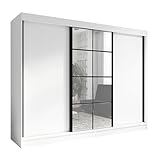 A&J MöbelLand Schwebetürenschrank ORAVELLE Kleiderschrank 3-türig mit Schubladen und Spiegel Garderobenschrank 200 cm (Weiß)