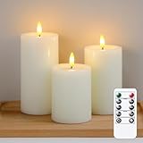 Yeelida Flammenlose LED-Kerzen mit Wachsöl-Effekt, flackernde Fernbedienung 3er Pack Elfenbein Säule Batteriebetriebener Timer Elektrische Kerzen aus echtem Wachs (7.5x10,12.5,15cm)