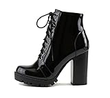 Soda Chalet – modische Schnürstiefelette mit gestapeltem Absatz und seitlichem Reißverschluss, Schwarz Lack, 38.5 EU