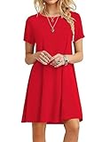 Zeagoo Tshirt Kleid Damen Sommer Kurzarm Shirtkleid Luftig Leicht Sommerkleid Knielang Rundhals Tunika Kleid mit Taschen Rot XL