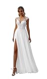 HUINI Damen Brautkleider Schlicht Elegant Standesamtkleid Lang Spitzen A-Linie Hochzeitskleid Weiß 48
