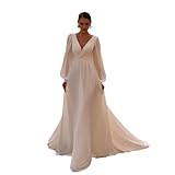 Einfache Chiffon A-Linie Brautkleider V-Ausschnitt Lange Ärmel Rückenfreie Sexy Split Braut Hochzeitskleid Angepasst