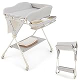 COSTWAY 5 in 1 Wickeltisch klappbar mit Rollen, Wickelkommode 3 stufig höhenverstellbar mit Wasserbecken & Lineal, mobile Wickelstation für Baby bis 6 Monaten (Grau)
