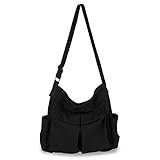 BROADREAM Canvas Messenger Bag - Kuriertasche aus Leinenstoff mit groß Fassungsvermögen, Hobo Crossbody Bag mit Mehreren Taschen für Herren und Damen Arbeit Schule Shopper Lässige täglich,Schwarz
