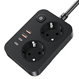 2 Fach Steckdosenleiste mit Schalter, EYMUOBC 6-in-1 Mehrfachsteckdose mit USB, Überspannungsschutz, 2m Verlängerungskabel für Schreibtisch Küche Zuhause und Reisen