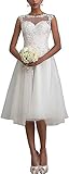 WZEFEIO Kurz Brautkleid A-Linie Spitzen Hochzeitskleid Standesamtliche für Damen Vintage Brautmode Hochzeit Partykleid, Weiß, 38