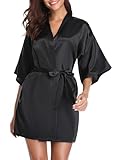 Vlazom Kimono Robe Damen Morgenmantel Kurzer Satin Bademantel Mit Gürtel V-Ausschnitt Kimono(L,Schwarz)
