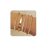 LOLIAS 5 Stück Armband Damen Gold 14 Karat Echtgold Armkette Manschetten Armband Hypoallergen Goldperlen CZ Tennis Armband Kette Stapelarmbänder Schmuck Gold Für Damen