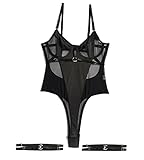 Aranmei Bodysuit für Damen Sexy Bügel Oberteil Mit Druckknopf im Schritt Mit Beinriemen und Tanga Bodysuit Dessous Set, Schwarz, M