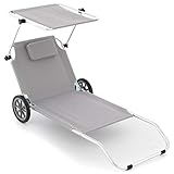 Nexos Gartenliege Sonnenliege Liegestuhl Klappliege Räder und Sonnendach klappbare Liege aus Alu und Polyester Bespannung grau Trolleyfunktion