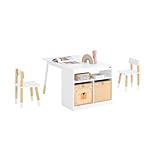 SoBuy Kindertisch mit 2 Stühlen Kindersitzgruppe mit Stauraum Spieltisch Kinder multifunktionaler Aktivitätstisch für Kinder Kindersitzgruppe innen Kinder Tisch Stuhl Set Weiß KMB113-W