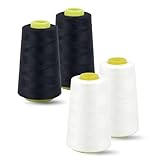 4 Rollen Nähgarn Polyester Overlockgarn, 2 Weiß und 2 Schwarz Nähmaschinengarn 40/2 Je 3000 Yard (2743 Meter) Insgesamt 12000 Yards Nähmaschinen Garn Reißfest Overlock Faden