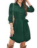 Florboom Damen V Ausschnitt Blusenkleid Button Down Langarm Kleider, Casual Hemdkleid mit Taillengürtel (Grün, L)