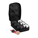 Relaxdays Boule Kugeln, 6 Metall-Kugeln, Set mit Zielkugel & Abstandsmesser, Tragetasche, Boccia Spiel, schwarz/Silber