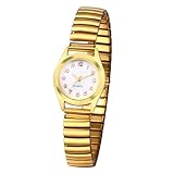 JewelryWe Damenuhr Elastisch Uhren Damen: Analog Quarz Armbanduhr Gold Edelstahl Stretch Armband Klein Lässige Uhr mit Weiß Digital Zifferblatt Geschenk für Frau Mädchen