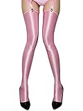 Freebily Damen Glänzende Overknie Strümpfe Sexy Halterlose Strümpfe Wetlook Stockings Erotik Überknie Strümpfe Leggings Dessous für Cosplay Nachtclub Clubwear Rosa One Size