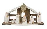 Weihnachtskrippe Krippe Tischkrippe mit Figuren, 7 TLG. Set inkl. Licht Krippenset Weiss Krippenszene Holz (Krippe Set)