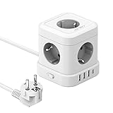 JSVER Steckdosenleiste Cube 5 Fach mit USB,Würfel Steckdosenleiste(3680W 16A) Mehrfachsteckdose mit 4 USB Ladegerät (17W) Schreibtisch mit Schalter für Büro, zu Hause oder auf Reisen 2m Kabel-Weiß