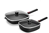 Woll Logic Pfannenset 4 tlg. bestehend aus Viereckpfanne 24x24 cm, Grillpfanne 28x28 cm, 2 passende Deckel - Induktiv, mit abnehmbarem Stiel, Aluminiumguss, Antihaftbeschichtung, backofenfest
