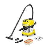 Kärcher WD 4 P S V-20/5/22 Nass-& Trockensauger, 20 l Edelstahlbehälter, 1000 W, 5 m Kabel, 2,2 m Saugschlauch, mit Gerätesteckdose, Clips-Bodendüse, „Pull & Push“-Verschlusssystem, Gelb