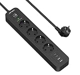 Steckdosenleiste Überspannungsschutz,JSVER Mehrfachsteckdose(3680W 16A) mit 4 Fach,2 USB A und 2 USB C Verteilersteckdose mit Schalter, Wandmontage Verlängerungskabel für Zuhause Büro, 2M-Schwarz
